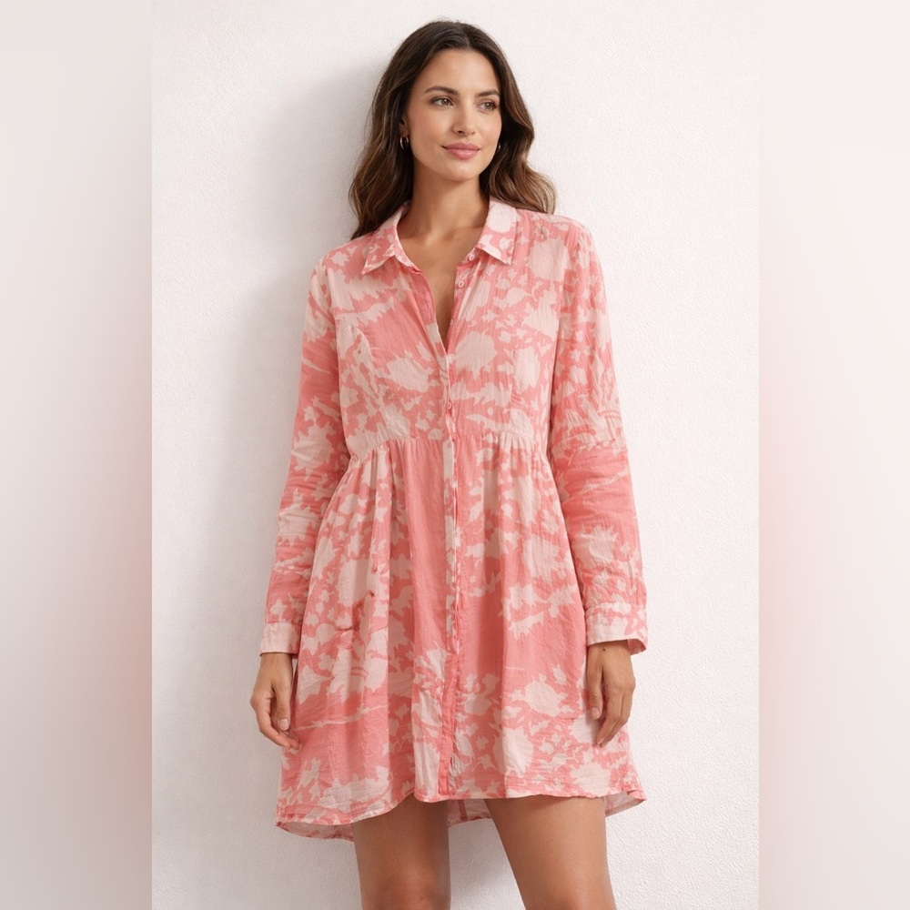 LIVRO Pink Cotton Long Sleeve Collared Mini Shirt Dress Size XL